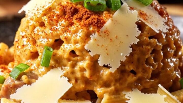 A close-up of a rustic bowl filled with creamy Cajun pasta topped with sausage, chicken, and fresh herbs.
