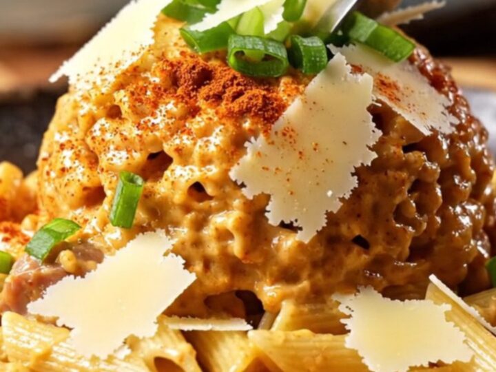 A close-up of a rustic bowl filled with creamy Cajun pasta topped with sausage, chicken, and fresh herbs.