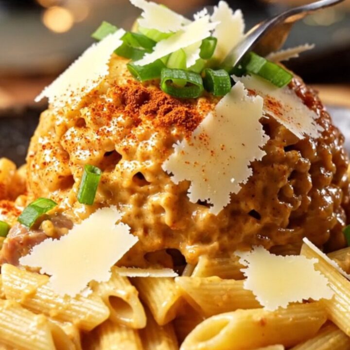 A close-up of a rustic bowl filled with creamy Cajun pasta topped with sausage, chicken, and fresh herbs.
