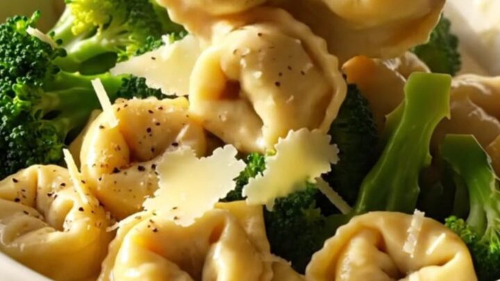 A steaming bowl of creamy chicken and broccoli tortellini topped with parmesan curls.