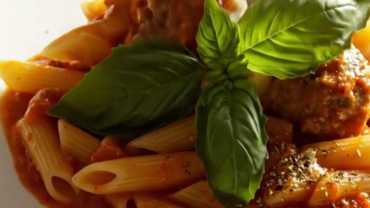 A close-up shot of a white ceramic Crockpot filled with bubbling meatball sub pasta topped with melted cheese.