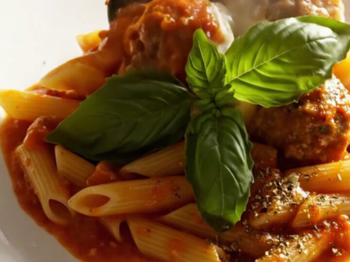 A close-up shot of a white ceramic Crockpot filled with bubbling meatball sub pasta topped with melted cheese.