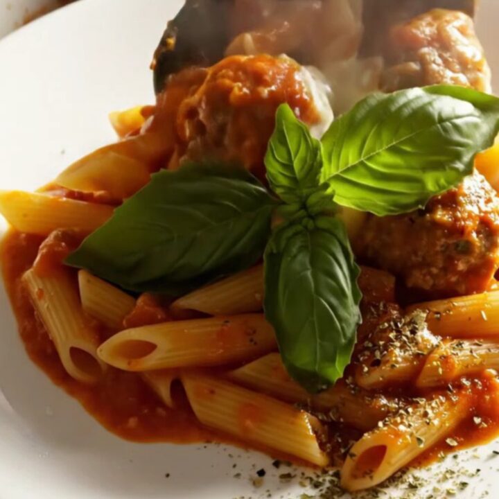 A close-up shot of a white ceramic Crockpot filled with bubbling meatball sub pasta topped with melted cheese.