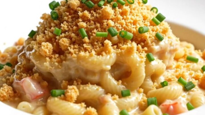 A decadent serving of lobster and crab mac and cheese in a bowl, topped with buttery cracker crumbs and fresh chives.