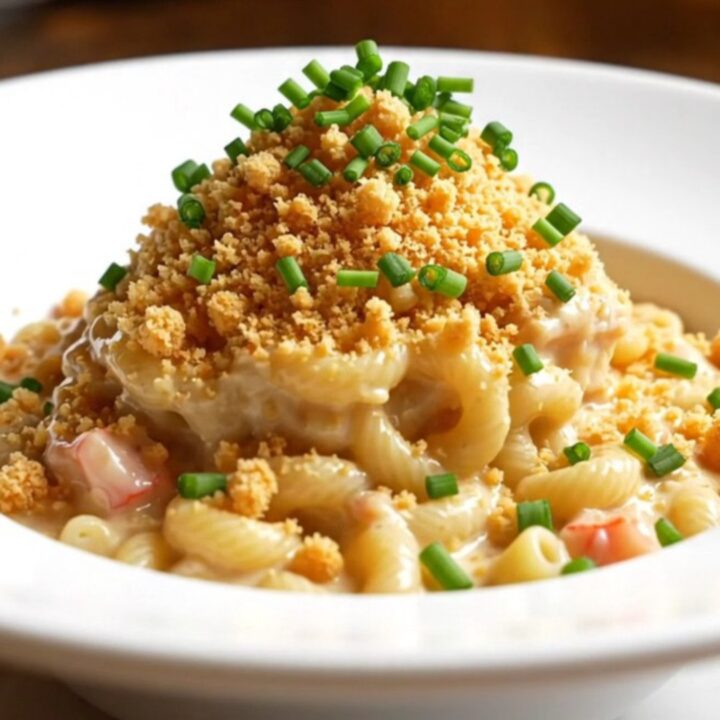 A decadent serving of lobster and crab mac and cheese in a bowl, topped with buttery cracker crumbs and fresh chives.