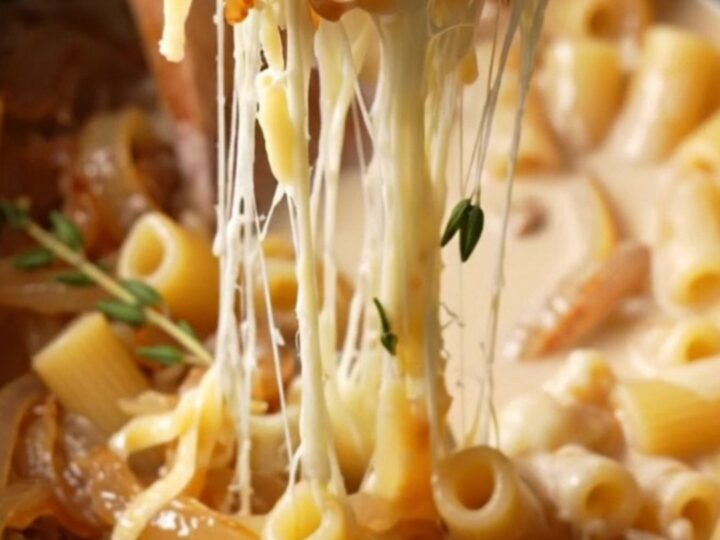 Close-up of creamy campanelle pasta with caramelized onions and stretchy melted Gruyere cheese.