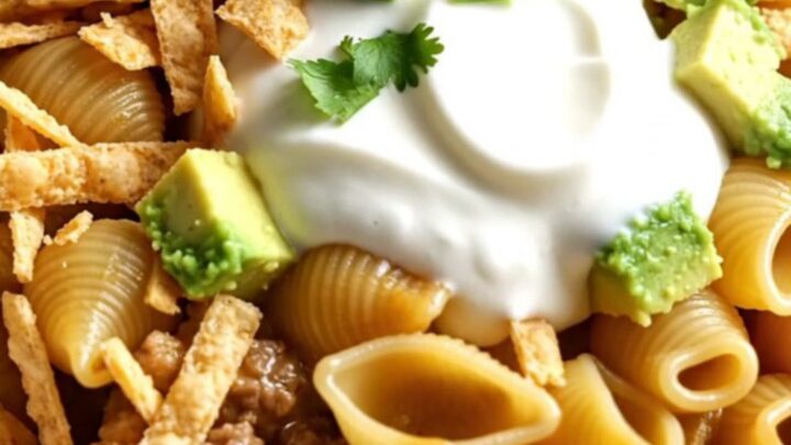 A close-up of cheesy taco pasta shells in a ceramic crockpot topped with avocado, cilantro, and tortilla strips.