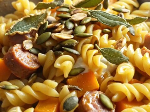 A steaming bowl of rotini pasta with creamy butternut squash and sausage sauce, topped with fried sage.