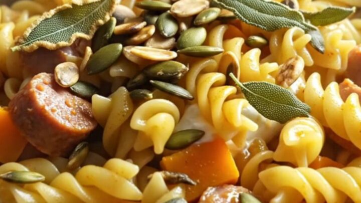 A steaming bowl of rotini pasta with creamy butternut squash and sausage sauce, topped with fried sage.