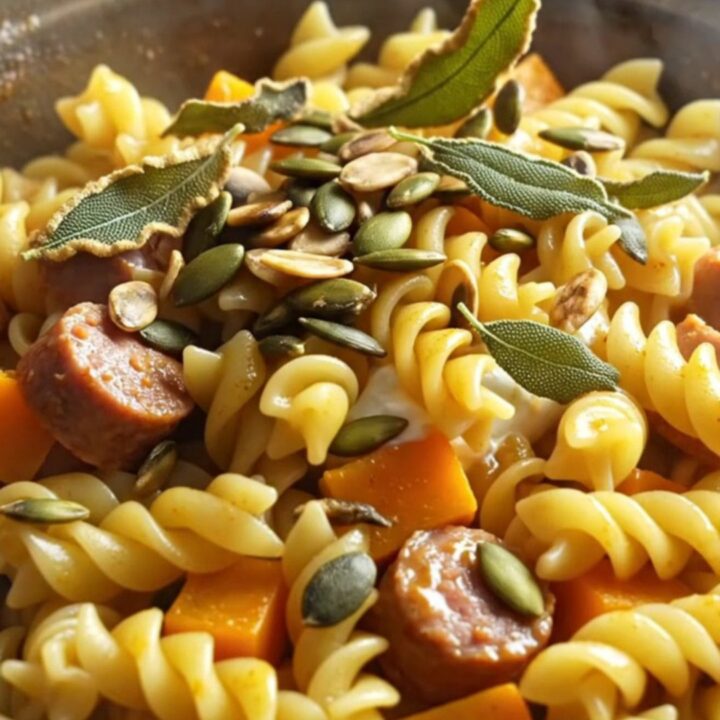 A steaming bowl of rotini pasta with creamy butternut squash and sausage sauce, topped with fried sage.