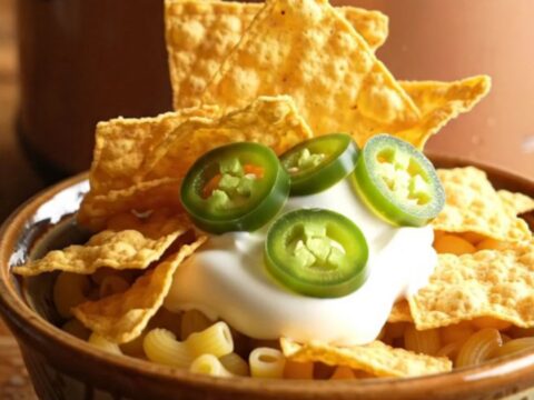 A close-up of cheesy chili mac in a bronze slow cooker with a molten cheese blanket.