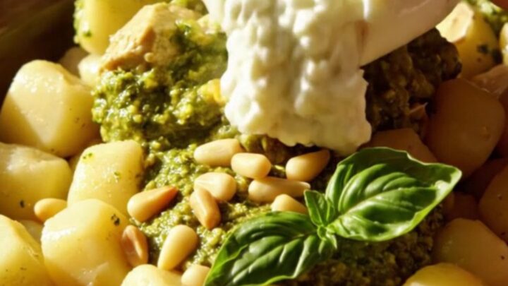 A close-up shot of creamy pesto chicken gnocchi in a ceramic bowl, topped with a fresh ball of burrata and toasted pine nuts.