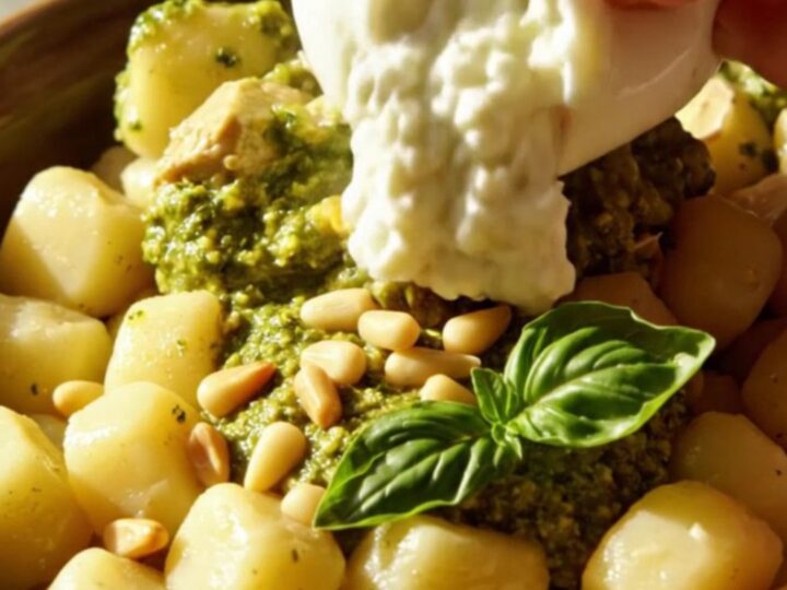 A close-up shot of creamy pesto chicken gnocchi in a ceramic bowl, topped with a fresh ball of burrata and toasted pine nuts.