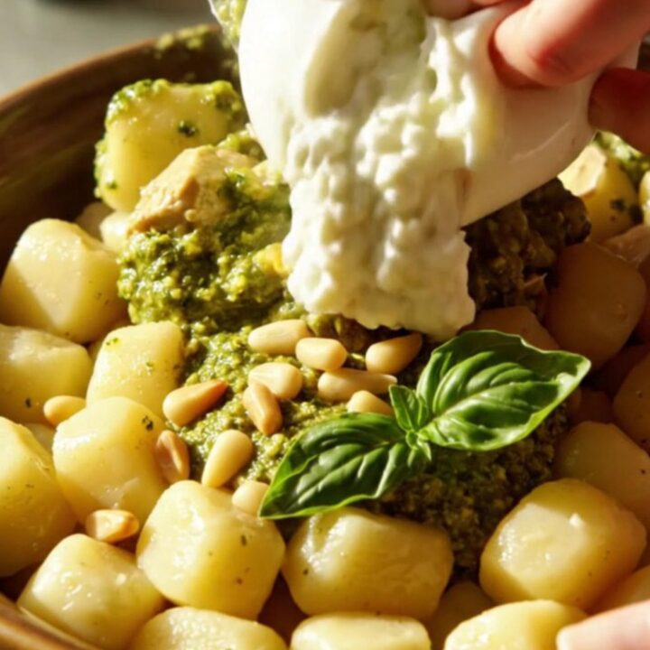 A close-up shot of creamy pesto chicken gnocchi in a ceramic bowl, topped with a fresh ball of burrata and toasted pine nuts.