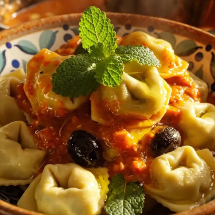 A close-up view of creamy Mediterranean tortellini with chicken and feta in a blue crockpot.