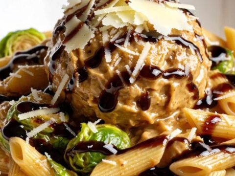 A close-up of creamy penne pasta with bacon and Brussels sprouts in a slow cooker.