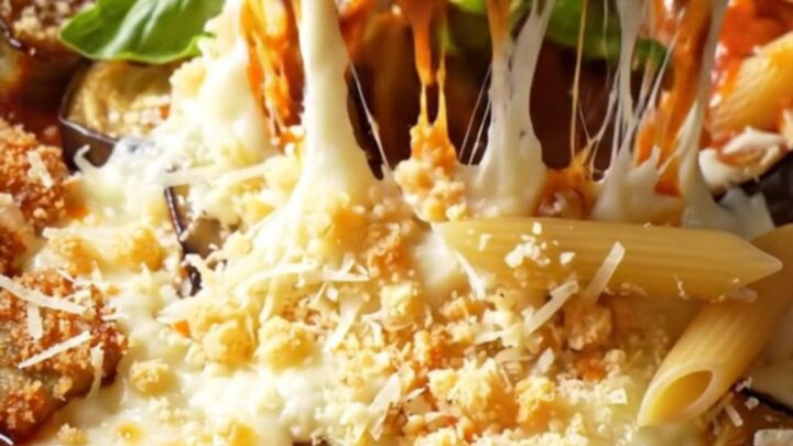 A close-up of a slow cooker filled with eggplant parmesan penne topped with melted mozzarella and fresh basil.