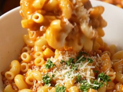 A close-up of a red slow cooker filled with creamy, cheesy beefaroni topped with fresh parsley.