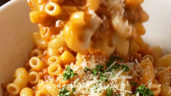 A close-up of a red slow cooker filled with creamy, cheesy beefaroni topped with fresh parsley.