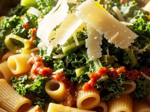 A rustic bowl of creamy rigatoni with sausage and kale, drizzled with chili oil.