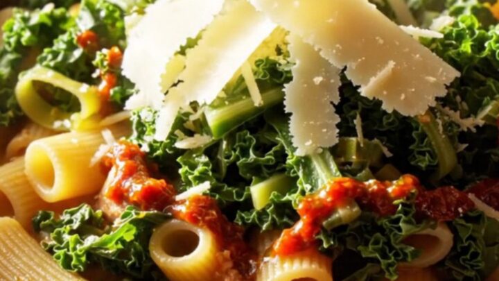 A rustic bowl of creamy rigatoni with sausage and kale, drizzled with chili oil.