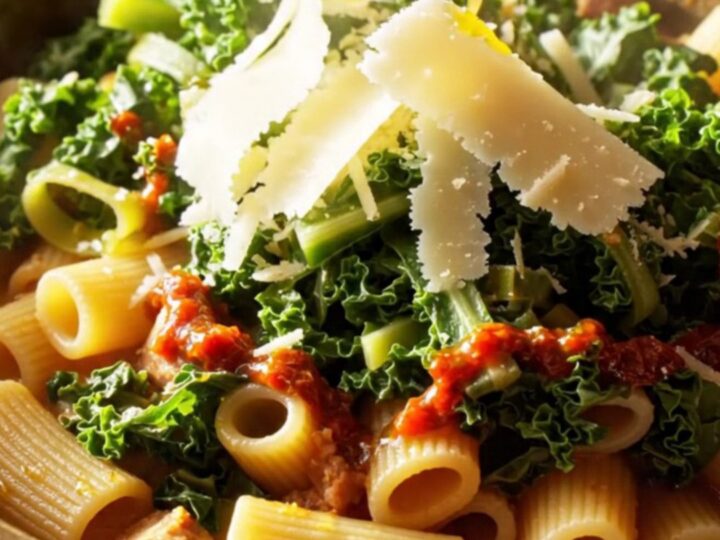 A rustic bowl of creamy rigatoni with sausage and kale, drizzled with chili oil.