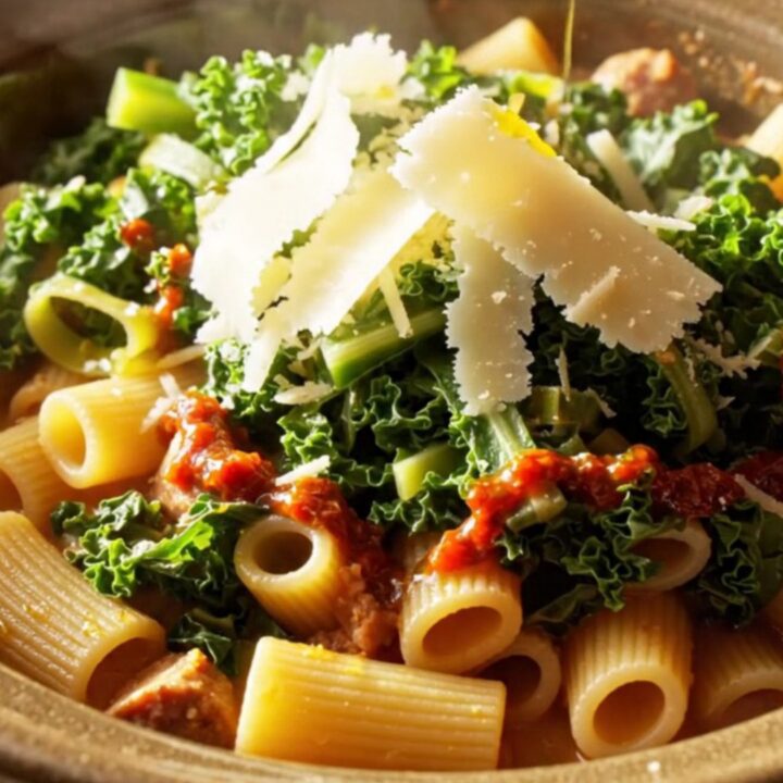 A rustic bowl of creamy rigatoni with sausage and kale, drizzled with chili oil.