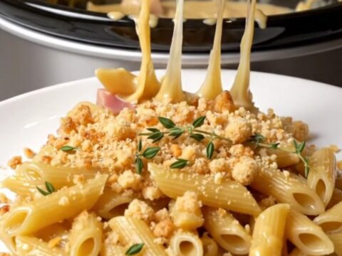 A golden, creamy serving of Chicken Cordon Bleu pasta topped with panko crumbs and fresh thyme.