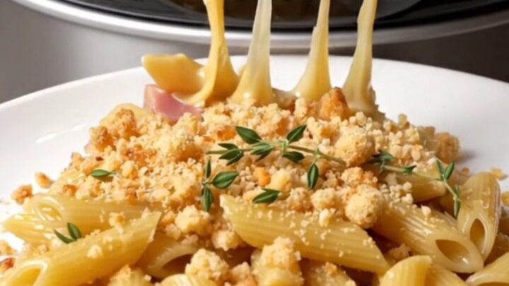A golden, creamy serving of Chicken Cordon Bleu pasta topped with panko crumbs and fresh thyme.