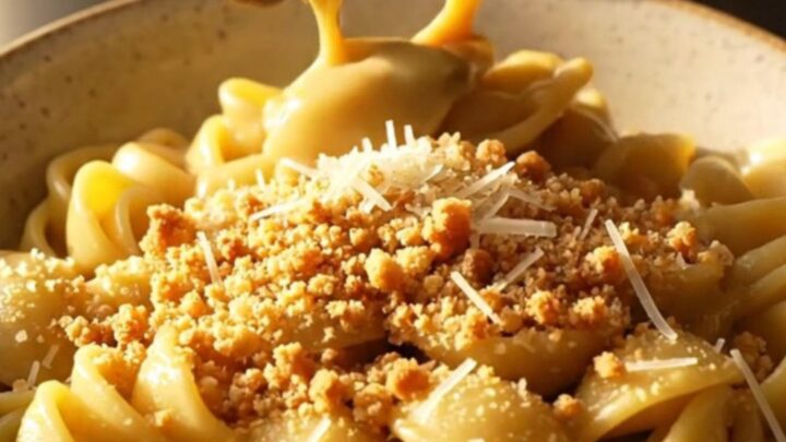 A close-up of orecchiette pasta tossed in a creamy garlic and mushroom sauce, served in a slate-gray bowl.