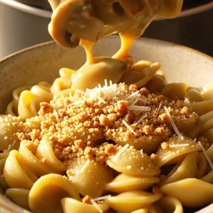 A close-up of orecchiette pasta tossed in a creamy garlic and mushroom sauce, served in a slate-gray bowl.