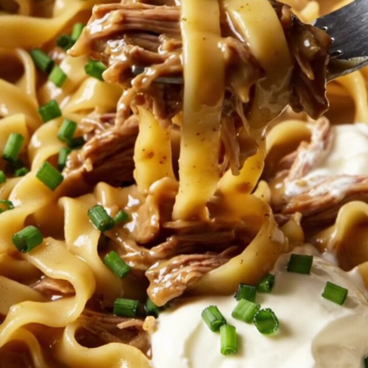 A close-up of tender, shredded beef brisket and ruffled mafaldine noodles coated in a rich, creamy onion gravy.