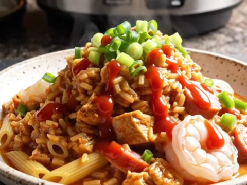A steaming, creamy bowl of Cajun pastalaya with shrimp, chicken, and sausage, garnished with fresh green onions.