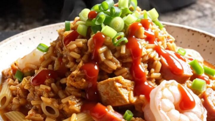 A steaming, creamy bowl of Cajun pastalaya with shrimp, chicken, and sausage, garnished with fresh green onions.