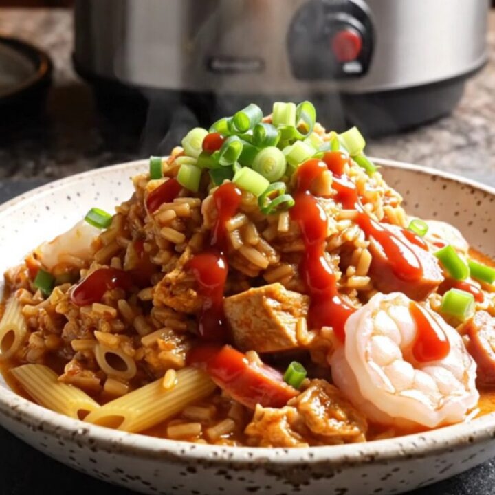 A steaming, creamy bowl of Cajun pastalaya with shrimp, chicken, and sausage, garnished with fresh green onions.