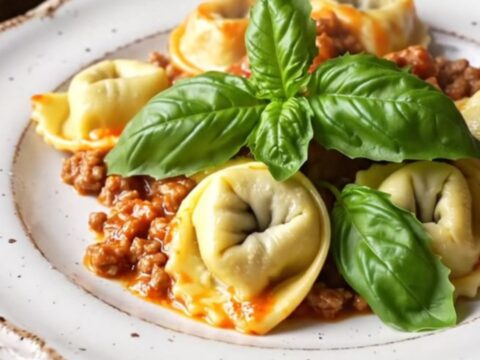 A close-up of a bubbling slow-cooker tortellini Bolognese bake topped with golden, melted mozzarella and fresh basil.