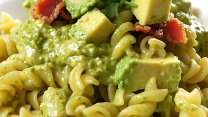 A creamy bowl of chicken bacon ranch pasta garnished with fresh cilantro and avocado slices.