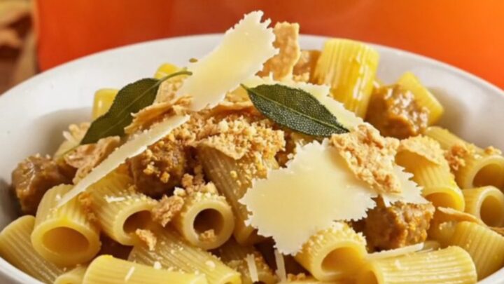 A close-up of rigatoni pasta coated in a creamy golden pumpkin sauce with crumbled sausage and fresh sage.