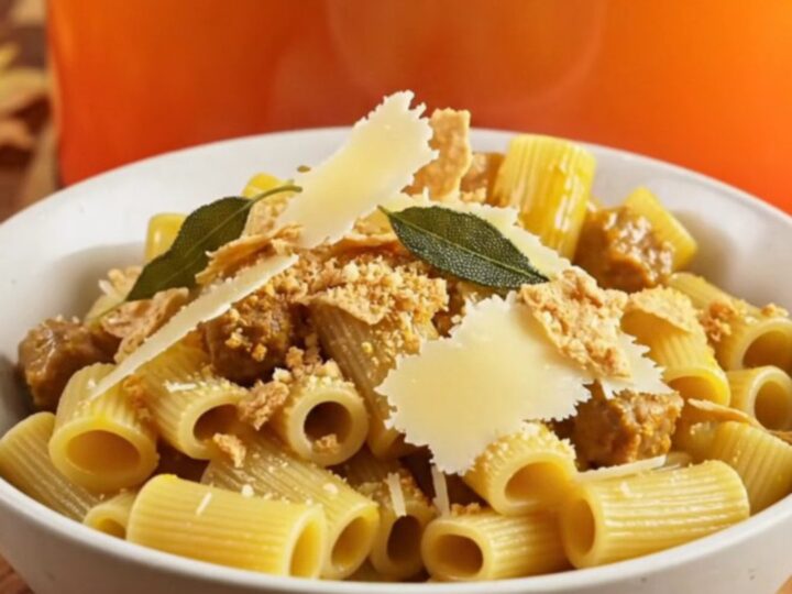 A close-up of rigatoni pasta coated in a creamy golden pumpkin sauce with crumbled sausage and fresh sage.