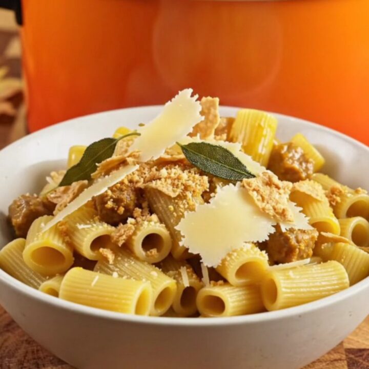 A close-up of rigatoni pasta coated in a creamy golden pumpkin sauce with crumbled sausage and fresh sage.