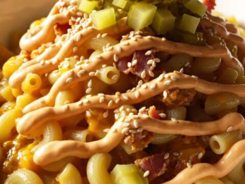 A steaming bowl of cheeseburger macaroni topped with bacon bits, pickle chips, and a drizzle of burger sauce.