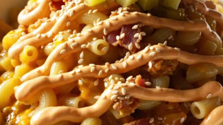 A steaming bowl of cheeseburger macaroni topped with bacon bits, pickle chips, and a drizzle of burger sauce.