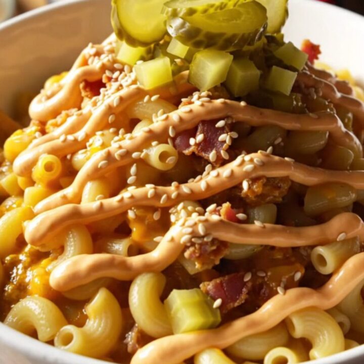 A steaming bowl of cheeseburger macaroni topped with bacon bits, pickle chips, and a drizzle of burger sauce.
