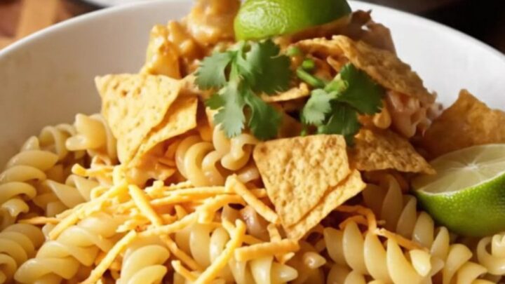 A steaming bowl of southwest chicken pasta topped with crushed tortilla chips, cilantro, and a lime wedge.