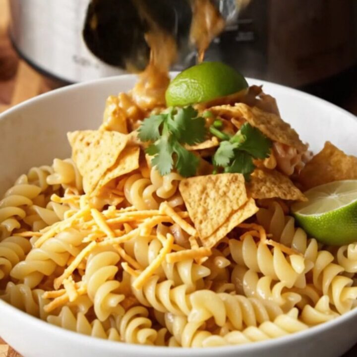 A steaming bowl of southwest chicken pasta topped with crushed tortilla chips, cilantro, and a lime wedge.