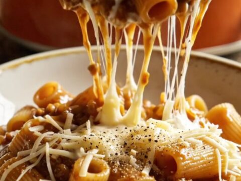 A close-up shot of a ceramic Crockpot filled with creamy rigatoni pasta coated in a rich onion and prosciutto sauce.