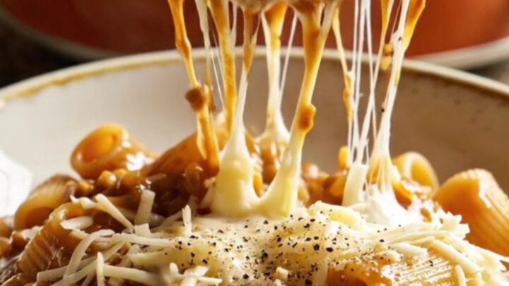 A close-up shot of a ceramic Crockpot filled with creamy rigatoni pasta coated in a rich onion and prosciutto sauce.