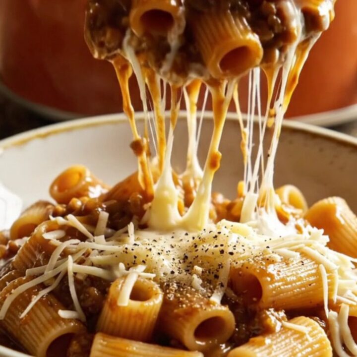 A close-up shot of a ceramic Crockpot filled with creamy rigatoni pasta coated in a rich onion and prosciutto sauce.