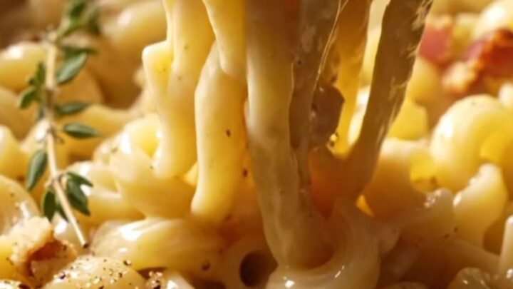 A close-up of cavatappi pasta coated in a creamy brie sauce, topped with toasted walnuts and black pepper.