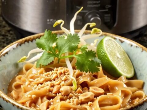 A close-up of creamy Thai peanut chicken noodles in a dark bowl, garnished with peanuts and cilantro.